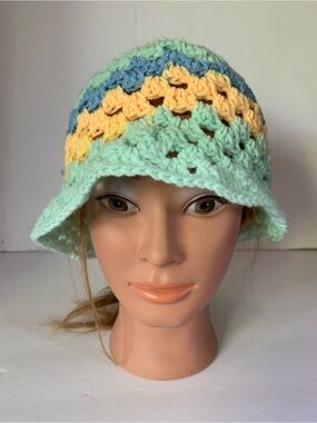 Handmade Crochet Bucket Hat - Pastel Mint, Yellow & Blue